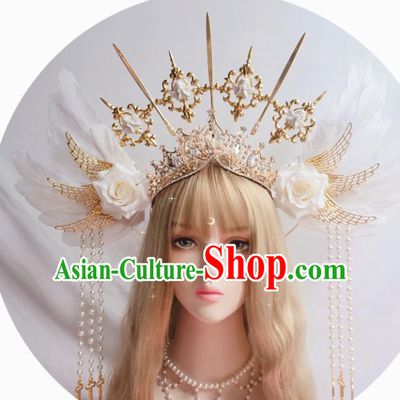 Halloween Cosplay Goddess Royal Crown and Aureole Stage Show Queen Headwear Handmade Angell Wing Hair Accessories