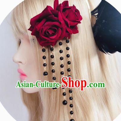 Handmade Gothic Red Rose Hair Stick Halloween Stage Show Headwear Tassel Hair Claw Hair Accessories