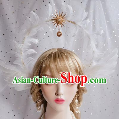 Handmade White Feather Hair Clasp Halloween Stage Show Hair Accessories Cosplay Goddess Royal Crown