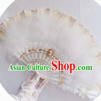 Classical Europe Court Fan Handmade Retro Folding Fans White Feather Accordion