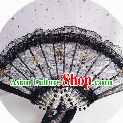 Classical Gothic Black Lace Fan Handmade Dance Folding Fans Europe Court Retro Black Lace Accordion