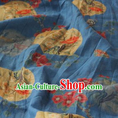 Asian Chinese Printing Flowers Birds Pattern Blue Flax Fabric Traditional Qipao Dress Cloth Linen Drapery