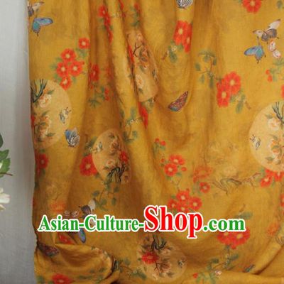Asian Qipao Dress Cloth Chinese Traditional Printing Peony Birds Pattern Yellow Flax Fabric Linen Drapery