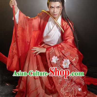 China Traditional Cosplay Ne Zha Hanfu Apparels Ancient Swordsman Costumes Red Cape Shirt and Skirt Full Set