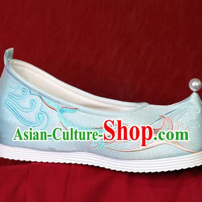 China Light Blue Cloth Shoes Hanfu Shoes Embroidered Whale Shoes Princess Shoes Handmade Bow Shoes