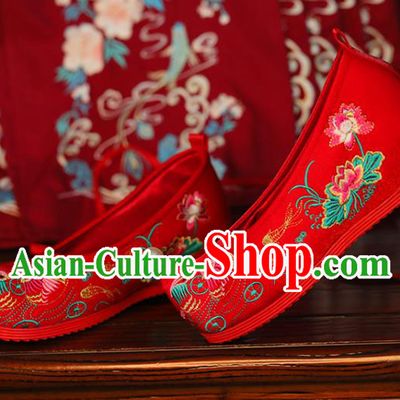 China Bride Shoes Princess Shoes Handmade Wedding Shoes Embroidered Mandarin Duck Shoes Hanfu Red Cloth Shoes