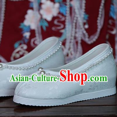 China Goddess Shoes Handmade Shoes White Satin Shoes Princess Shoes Hanfu Pearls Shoes