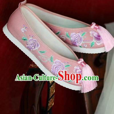 China Hanfu Pearls Shoes Princess Shoes Handmade Beijing Cloth Shoes Embroidered Peony Pink Shoes