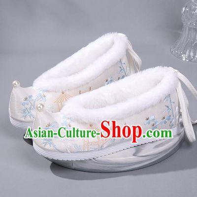 China Ancient Embroidered Bamboo Pavilion Bow Shoes Ming Dynasty Princess Shoes White Satin Shoes Handmade Winter Shoes Hanfu Pearl Shoes