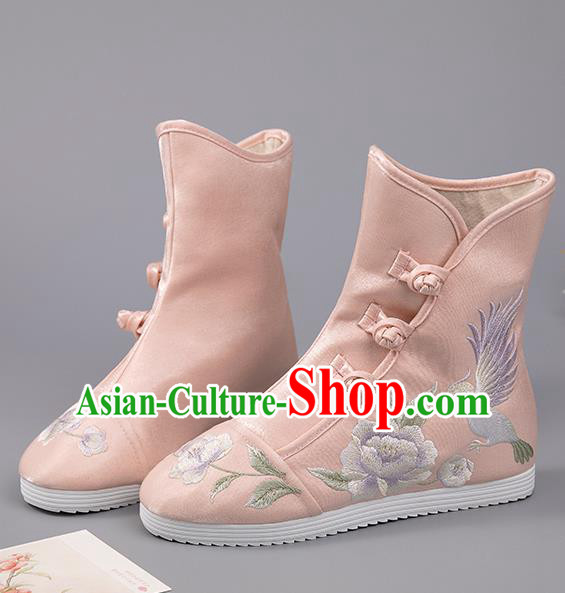 Chinese Embroidered Peony Bird Boots Ancient Pink Hanfu Shoes Handmade Cloth Shoes Chinese Embroidered Peony Bird Boots Ancient Pink Hanfu Shoes Handmade Cloth Shoes