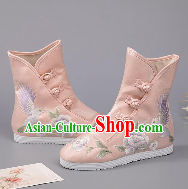 Chinese Embroidered Peony Bird Boots Ancient Pink Hanfu Shoes Handmade Cloth Shoes Chinese Embroidered Peony Bird Boots Ancient Pink Hanfu Shoes Handmade Cloth Shoes