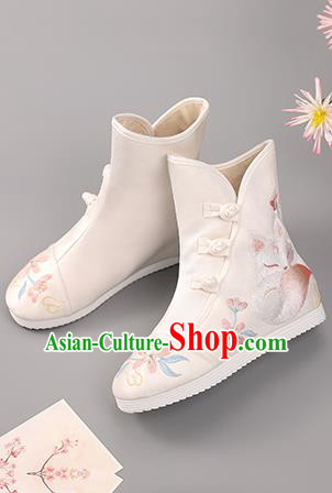 Chinese National Embroidered Fox Boots Ancient Hanfu Shoes Handmade White Cloth Boots Chinese National Embroidered Fox Boots Ancient Hanfu Shoes Handmade White Cloth Boots