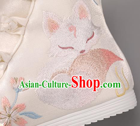 Chinese National Embroidered Fox Boots Ancient Hanfu Shoes Handmade White Cloth Boots Chinese National Embroidered Fox Boots Ancient Hanfu Shoes Handmade White Cloth Boots
