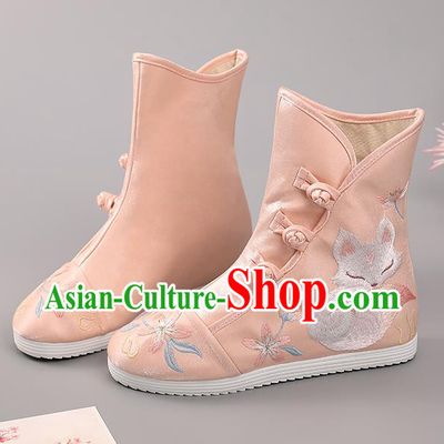Chinese Ancient Hanfu Shoes Handmade Pink Cloth Boots National Embroidered Fox Boots