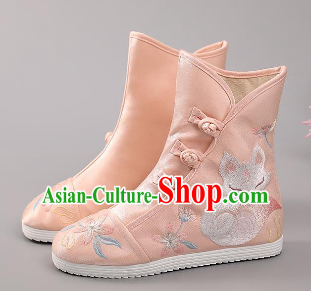 Chinese Ancient Hanfu Shoes Handmade Pink Cloth Boots National Embroidered Fox Boots Chinese Ancient Hanfu Shoes Handmade Pink Cloth Boots National Embroidered Fox Boots