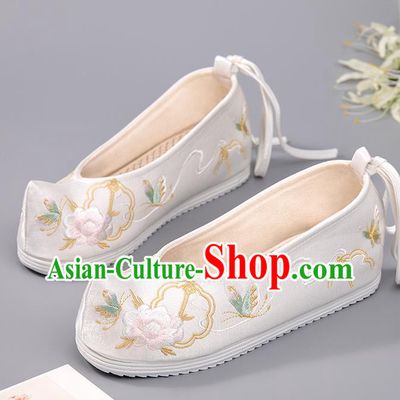 China Handmade Tang Dynasty White Shoes Embroidered Peony Shoes Hanfu Shoes Ancient Princess Shoes
