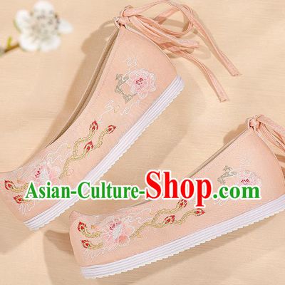 China Ming Dynasty Princess Shoes Embroidered Peony Shoes Female Shoes Hanfu Shoes Handmade Pink Cloth Shoes