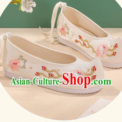 China Embroidered Peony Shoes Female Shoes Hanfu Shoes Handmade White Cloth Shoes Ming Dynasty Shoes