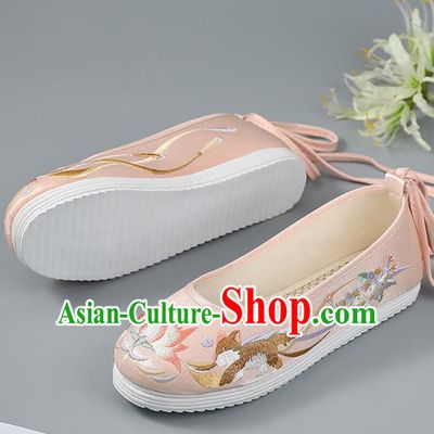 China Traditional Hanfu Shoes Ming Dynasty Princess Shoes Pink Cloth Shoes Embroidered Flowers Shoes