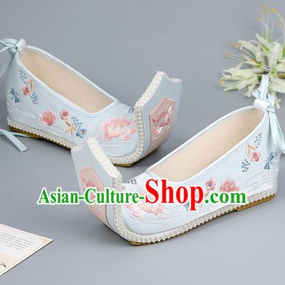 China Princess Shoes Han Dynasty Blue Shoes Traditional Hanfu Shoes Cloth Shoes Embroidered Lotus Shoes