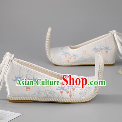 China Han Dynasty Shoes Traditional Hanfu Shoes White Cloth Shoes Embroidered Lotus Shoes Princess Shoes