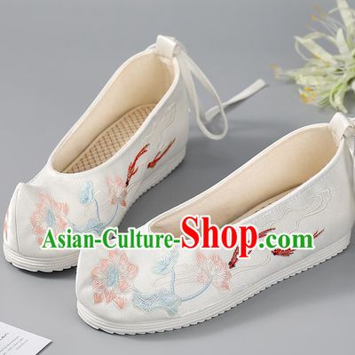 China Embroidered Lotus Fishes Shoes Hanfu Shoes Ancient Princess Shoes Traditional Women Shoes Handmade Cloth Shoes