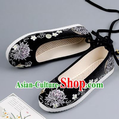 China Traditional Hanfu Shoes Black Cloth Shoes Princess Shoes Embroidered Lotus Shoes