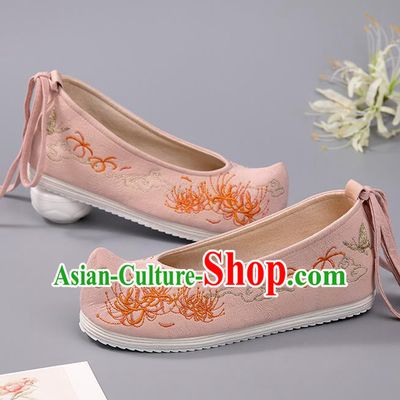 China Ancient Princess Shoes Embroidered Manjusaka Shoes Handmade Cloth Shoes Hanfu Pink Shoes