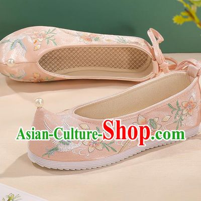 China Embroidered Flower Crane Shoes Pink Bow Shoes Handmade Princess Shoes Traditional Hanfu Cloth Shoes