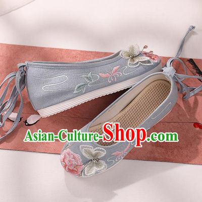 Top National Blue Shoes China Handmade Embroidered Butterfly Peony Shoes Traditional Cloth Shoes Hanfu Shoes