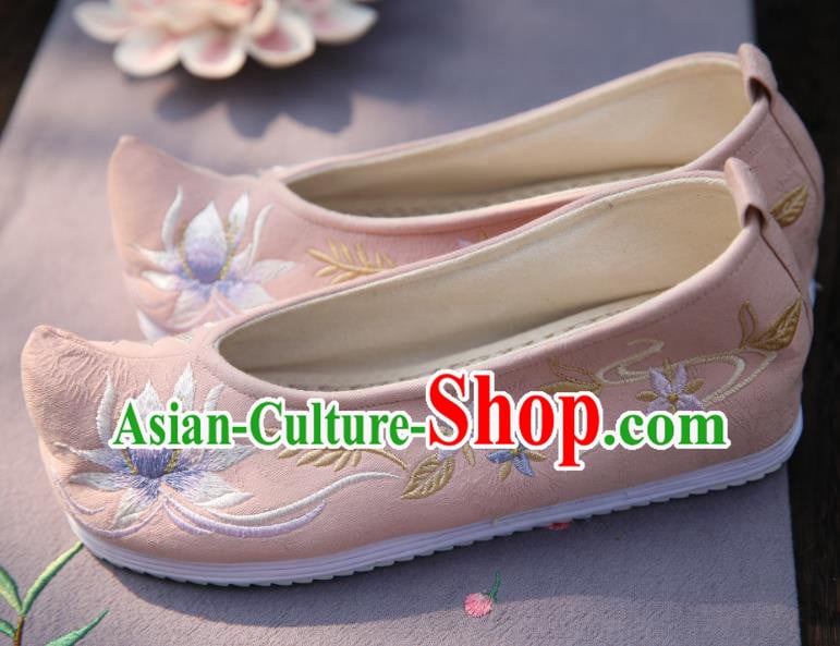 Traditional China Hanfu Shoes Handmade Shoes National Shoes Cloth Shoes Embroidered Lotus Pink Shoes