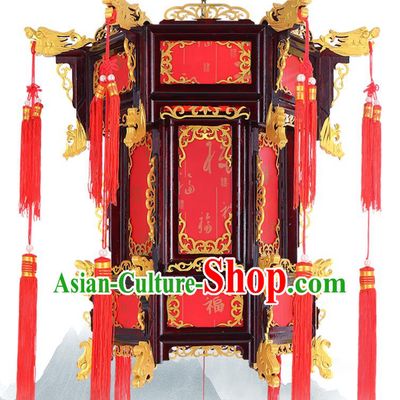 Chinese Golden Dragon Head Hanging Lamp Classical Red Lanterns Traditional New Year Palace Lantern Handmade Wood Lantern