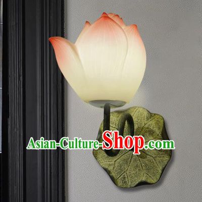 Chinese Traditional Lantern Handmade Painted Wall Lamp Classical Pink Lotus Lanterns Iron Art Bedside Lamp