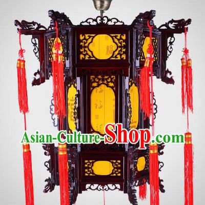 Chinese Classical Wood Lanterns New Year Yellow Lantern Traditional Hanging Lamp Handmade Hexagon Palace Lantern