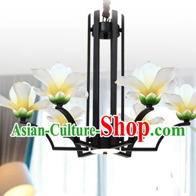 Chinese Traditional Living Room Yellow Mangnolia Lamp Handmade Classical Six Pieces Light Lanterns Iron Art Ceiling Lantern