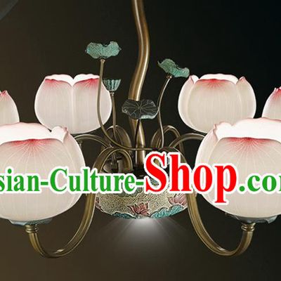 Chinese Traditional Ceiling Lamp Handmade Classical Lanterns Iron Art Six Lights Lotus Lantern