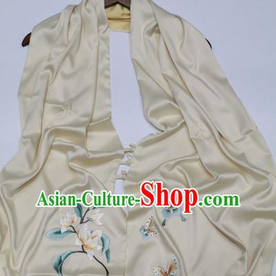 China Traditional Beige Silk Scarf Embroidered Tippet Embroidery Magnolia Craft Cappa