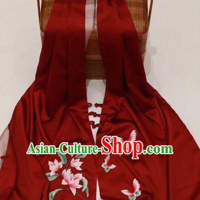 China Embroidery Magnolia Craft Cappa Wine Red Silk Scarf Traditional Embroidered Tippet