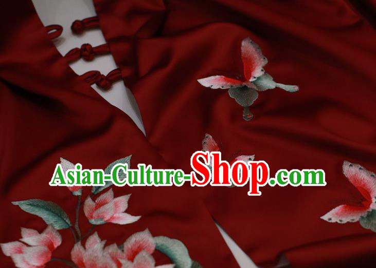 China Embroidery Magnolia Craft Cappa Wine Red Silk Scarf Traditional Embroidered Tippet
