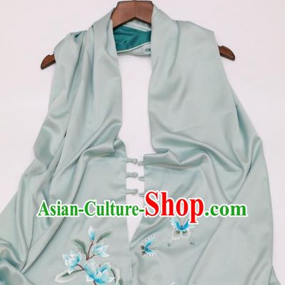 China Traditional Embroidered Tippet Embroidery Magnolia Craft Mother Cappa Light Blue Silk Scarf