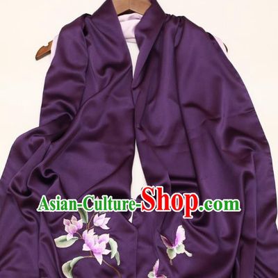 Traditional China Silk Scarf Embroidery Magnolia Craft Mother Cappa Embroidered Deep Purple Tippet