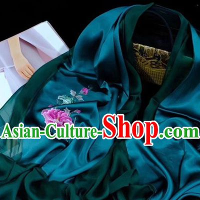 Traditional China Mother Cappa Deep Green Silk Scarf Embroidered Tippet Suzhou Embroidery Peony Craft
