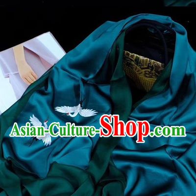 Traditional China Deep Green Silk Scarf Embroidered Tippet Suzhou Embroidery Crane Craft Mother Cappa