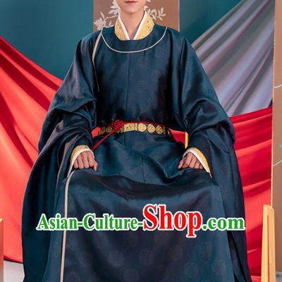 Traditional China Song Dynasty Emperor Zhao Zhen Hanfu Clothing Ancient Imperator Costumes Navy Robe and Pants Full Set