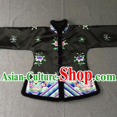 Chinese Tang Suit Black Silk Jacket Apparels Embroidered Upper Outer Garment Winter Costume