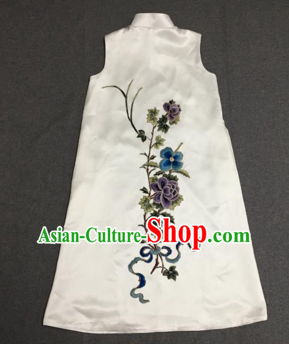China Women National Clothing Embroidered White Silk Qipao Dress Vest Cheongsam China Women National Clothing Embroidered White Silk Qipao Dress Vest Cheongsam