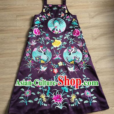 China Embroidered Crane Purple Silk Qipao Dress Women National Clothing Tang Suit Vest Cheongsam