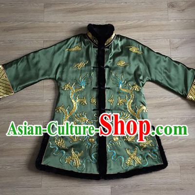 Chinese Embroidered Dragon Green Silk Jacket Tang Suit Upper Outer Garment Apparels National Winter Cotton Padded Costume