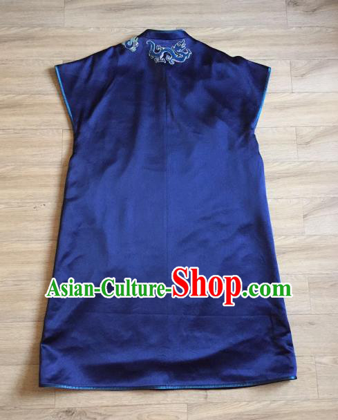 China Embroidered Dragon Navy Silk Vest Women National Clothing Cheongsam Waistcoat