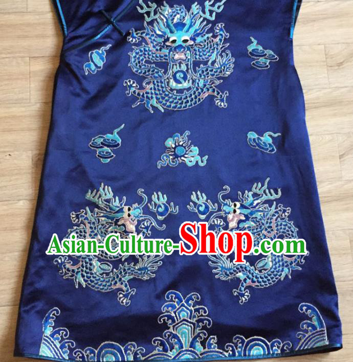 China Embroidered Dragon Navy Silk Vest Women National Clothing Cheongsam Waistcoat